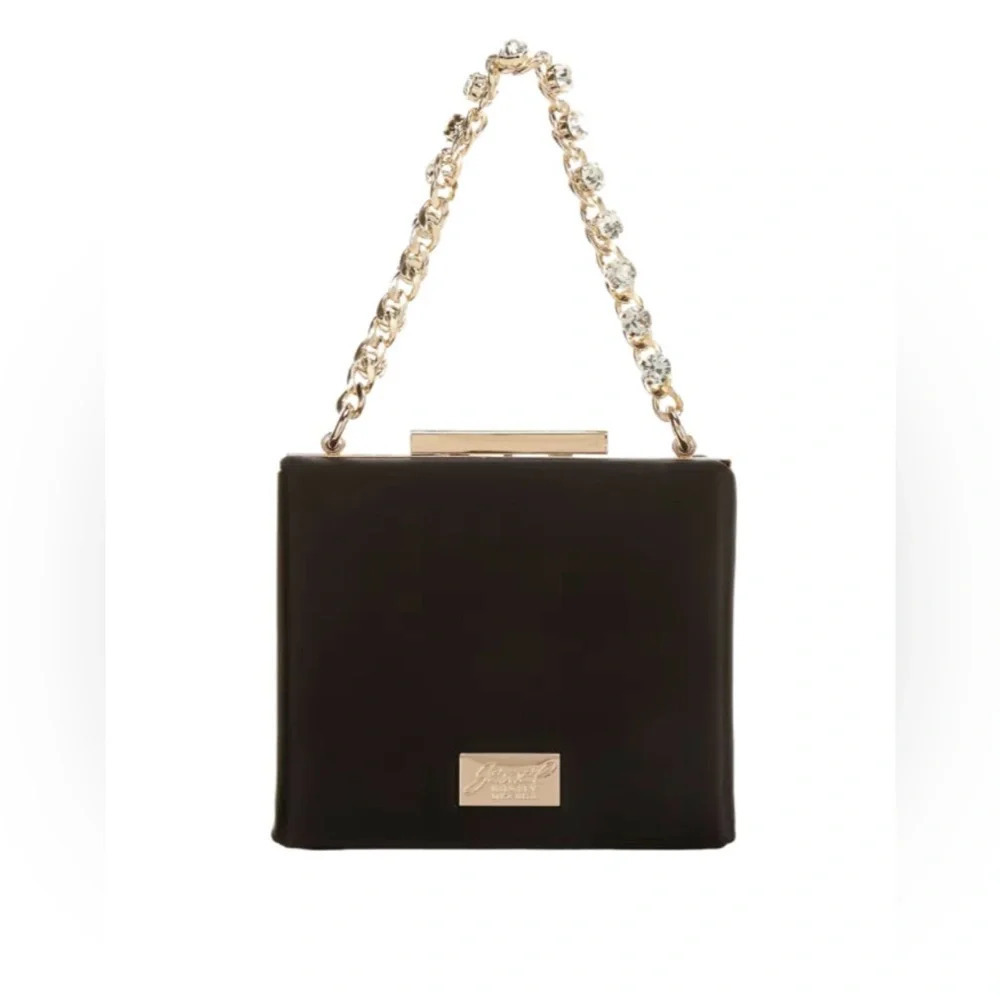 Jewel badgley mischka black satin box crystal chain clutch handbag
